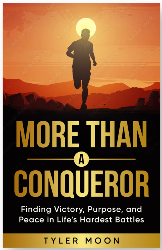 Book cover of 'More Than a Conqueror' with a silhouette of a person running against an orange sunset.